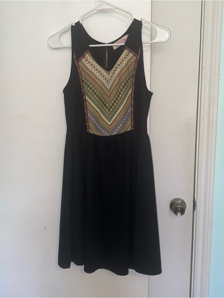 Black Sleeveless Dress With Multicolor Panel From Willa, Size M